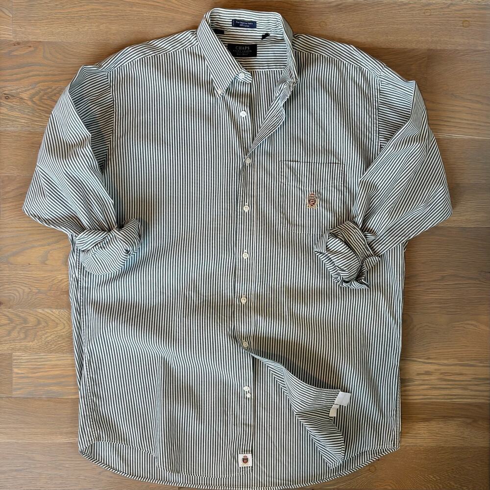 VTG Y2K Chaps Ralph Lauren Dress Shirt Pinstripes Crest Logo Men Size 16.5 34/35